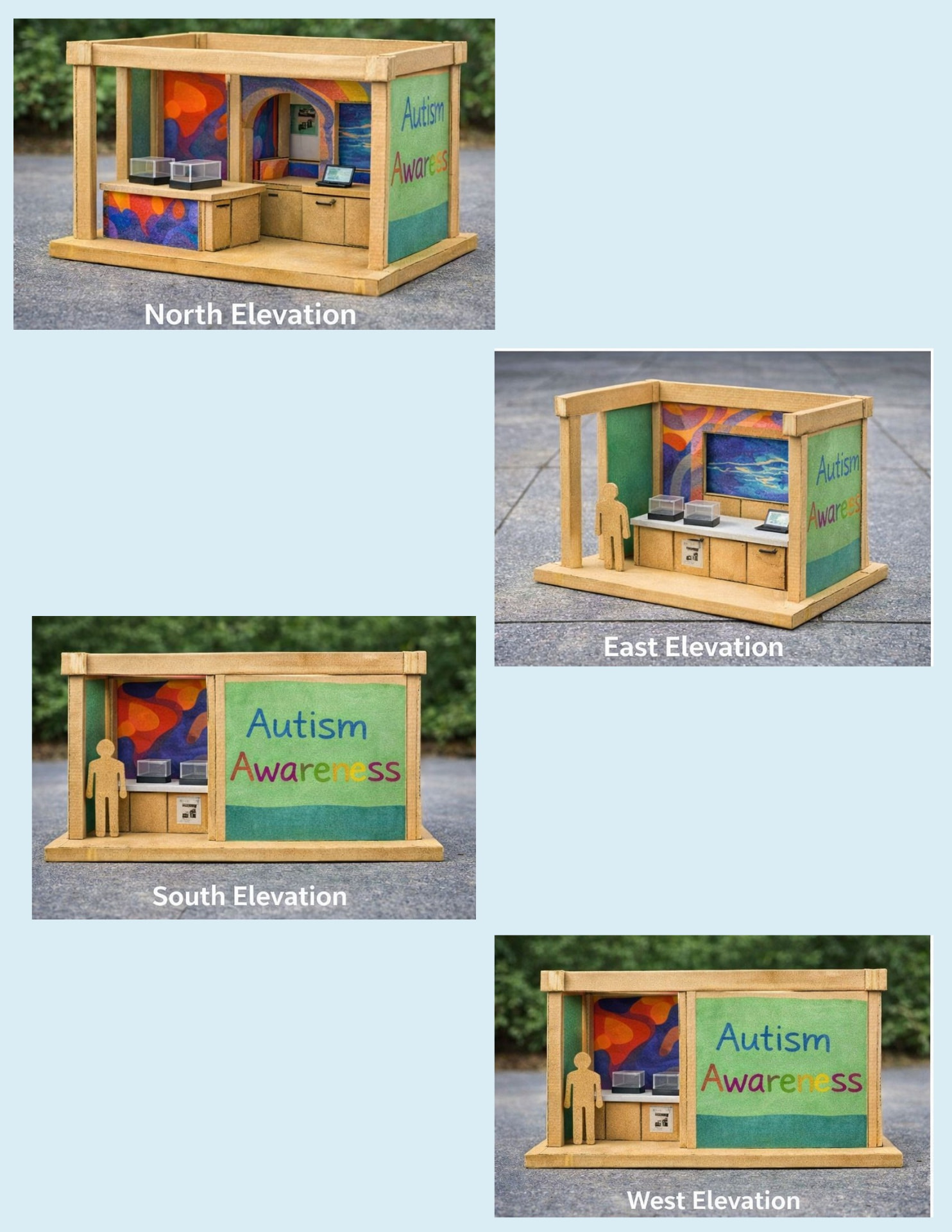 Physical study model of the neurodiversity resource kiosk — north, east, south, and west elevations with colorful Autism Awareness graphics