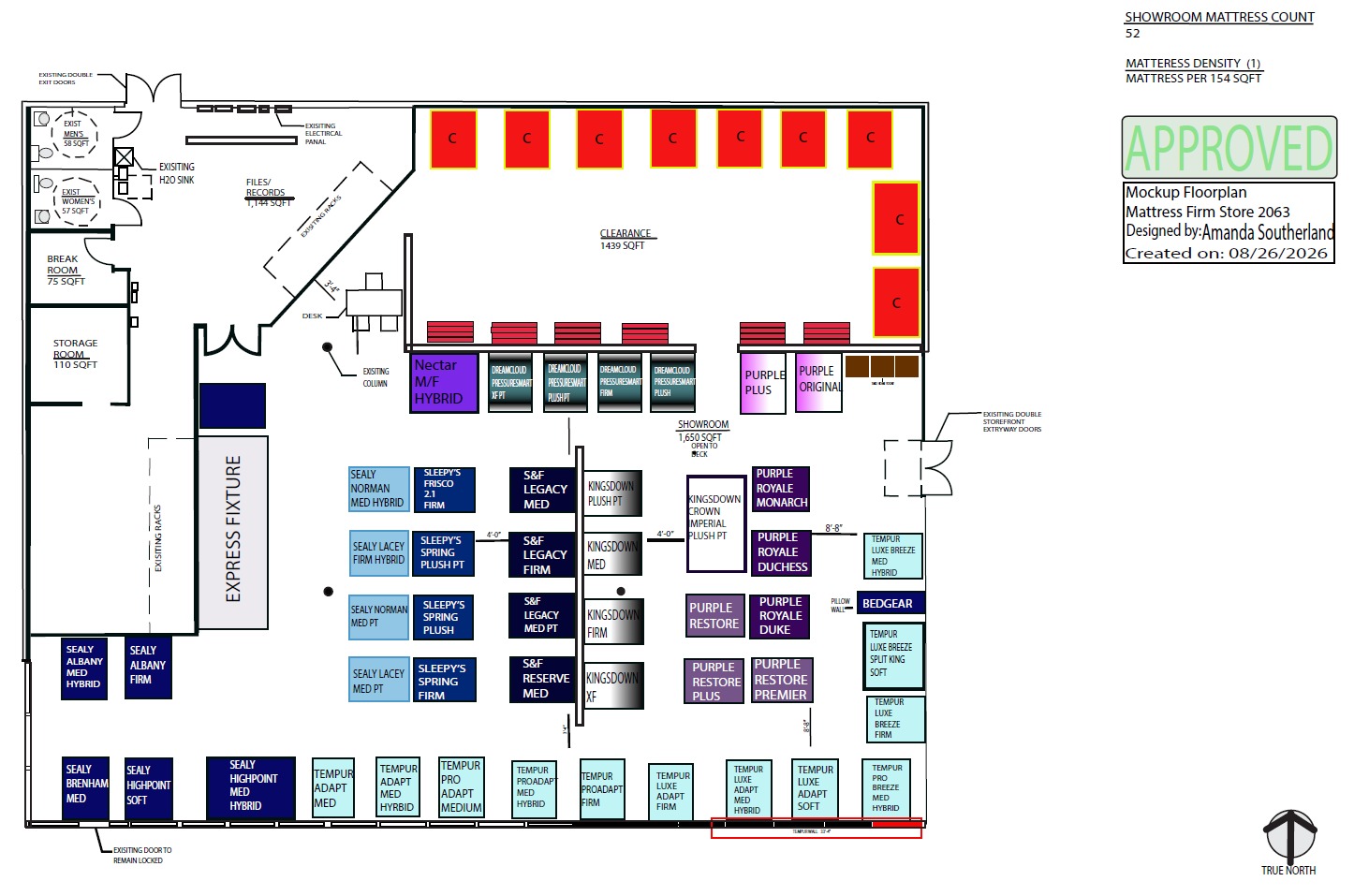 Approved showroom mockup floor plan for Mattress Firm Store 2063, designed by Amanda Southerland, with 52 labeled mattresses and an approved approval block