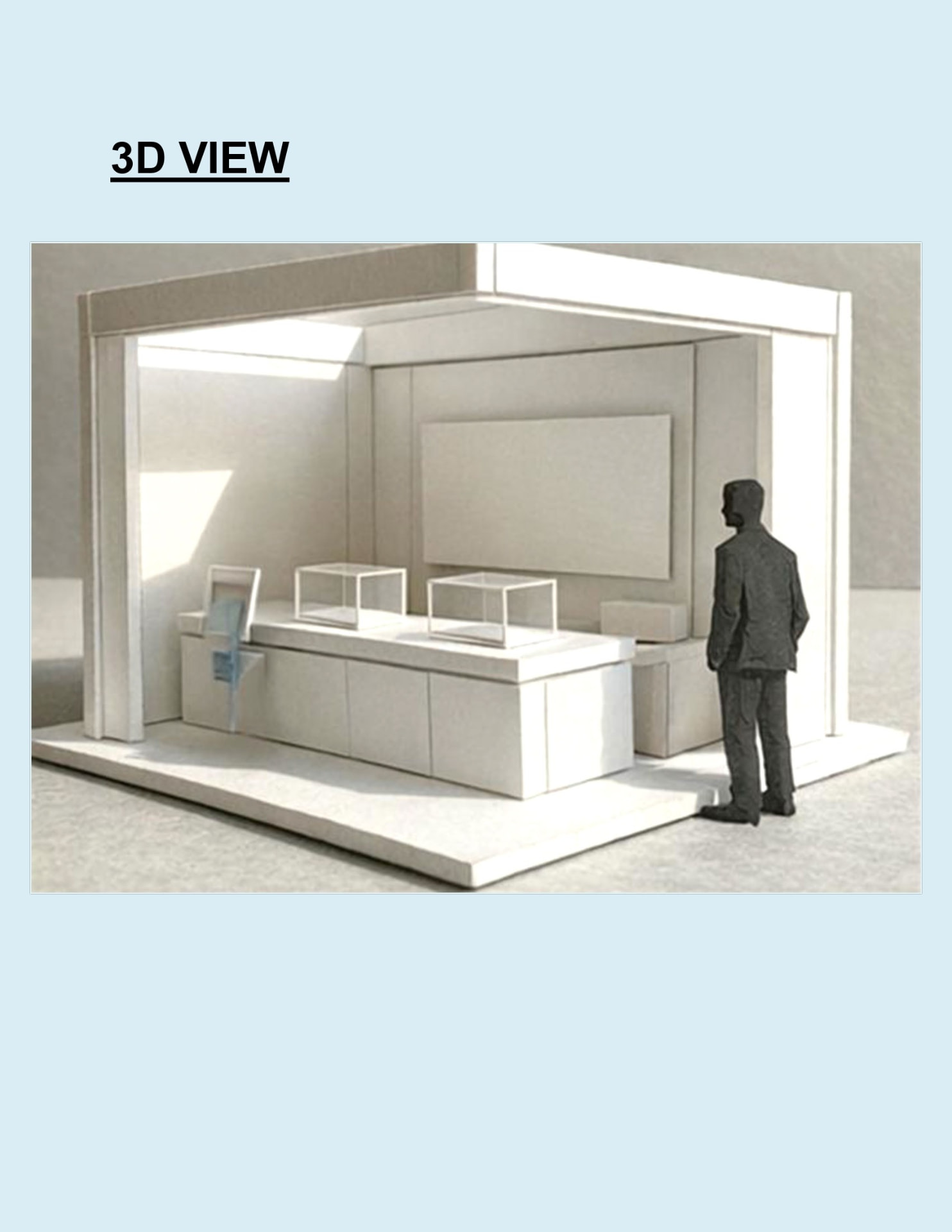 3D view of the kiosk interior study model in white — counter with monitor, two display cases, and vertical display panel with a figure for scale