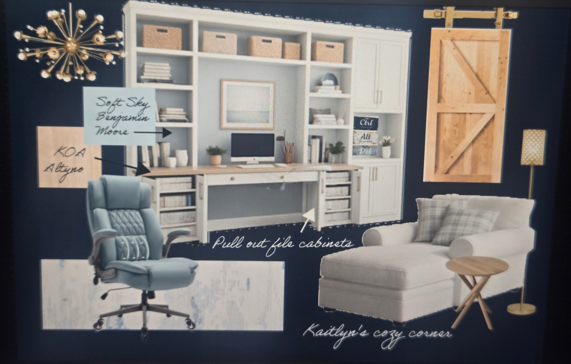Moodboard for the home office — splayed chandelier, blue ergonomic chair, barn door, chaise lounge, rug, and material notes